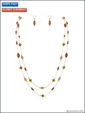 2 Layer Illusion Wire Beaded Long Collar Statement Necklace with Earrings